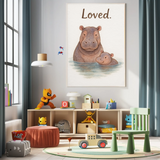 Loved Hippo Family Watercolour Nursery Children's Room Wall Decor Print
